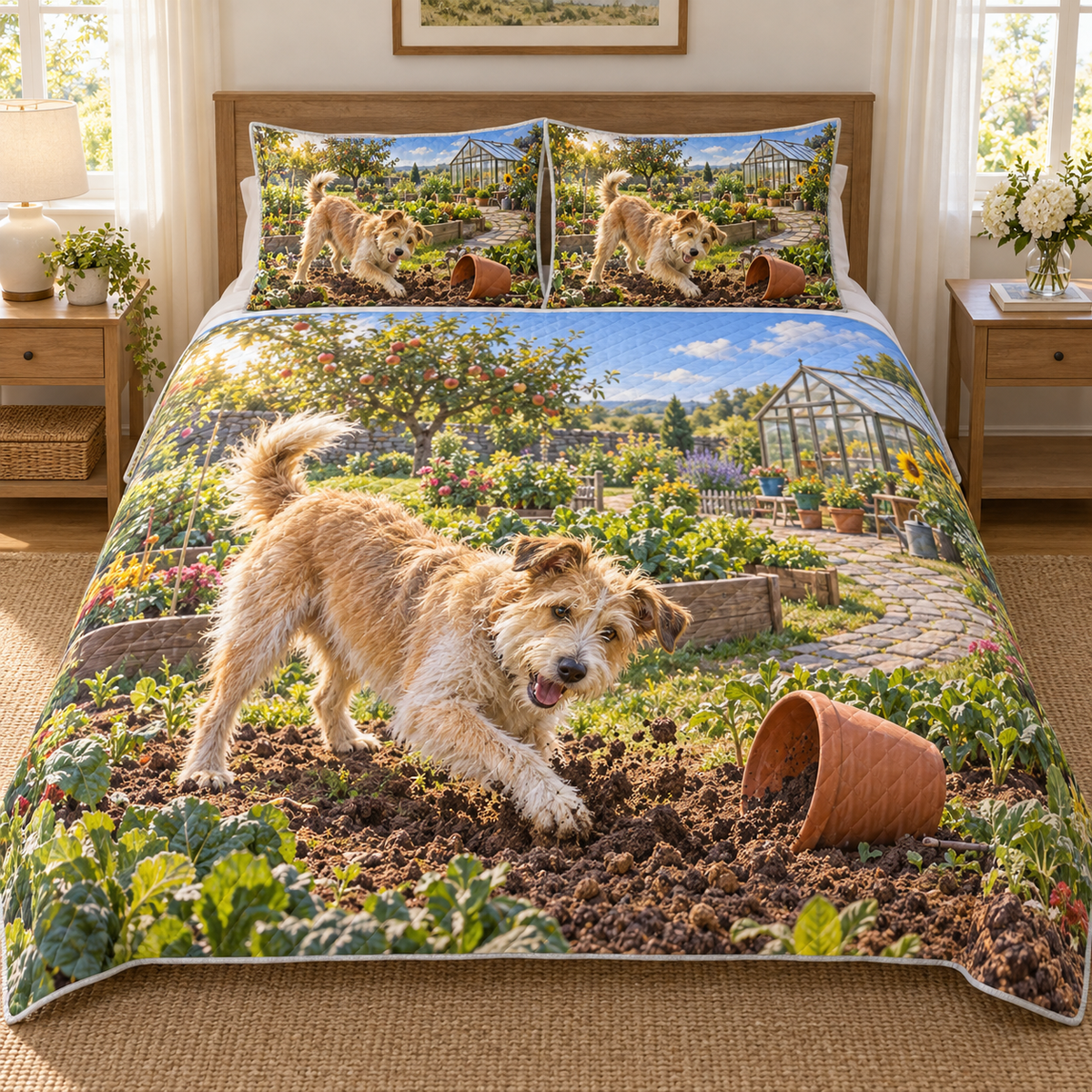 Flat printed garden artwork with a scruffy mixed-breed dog digging beside a terracotta pot, raised beds and a distant greenhouse.