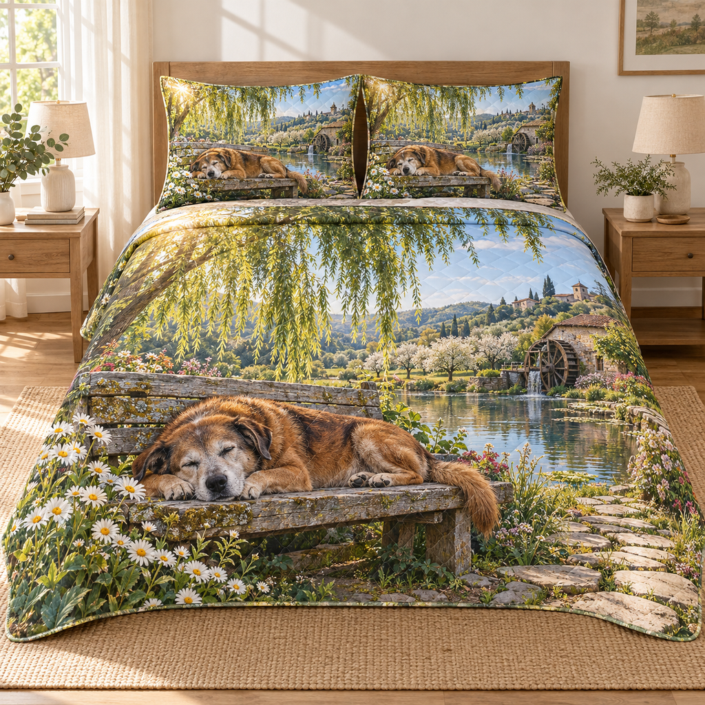 Flat printed pond-garden artwork with a silver-muzzled brown dog napping on a wooden bench beneath willow branches.