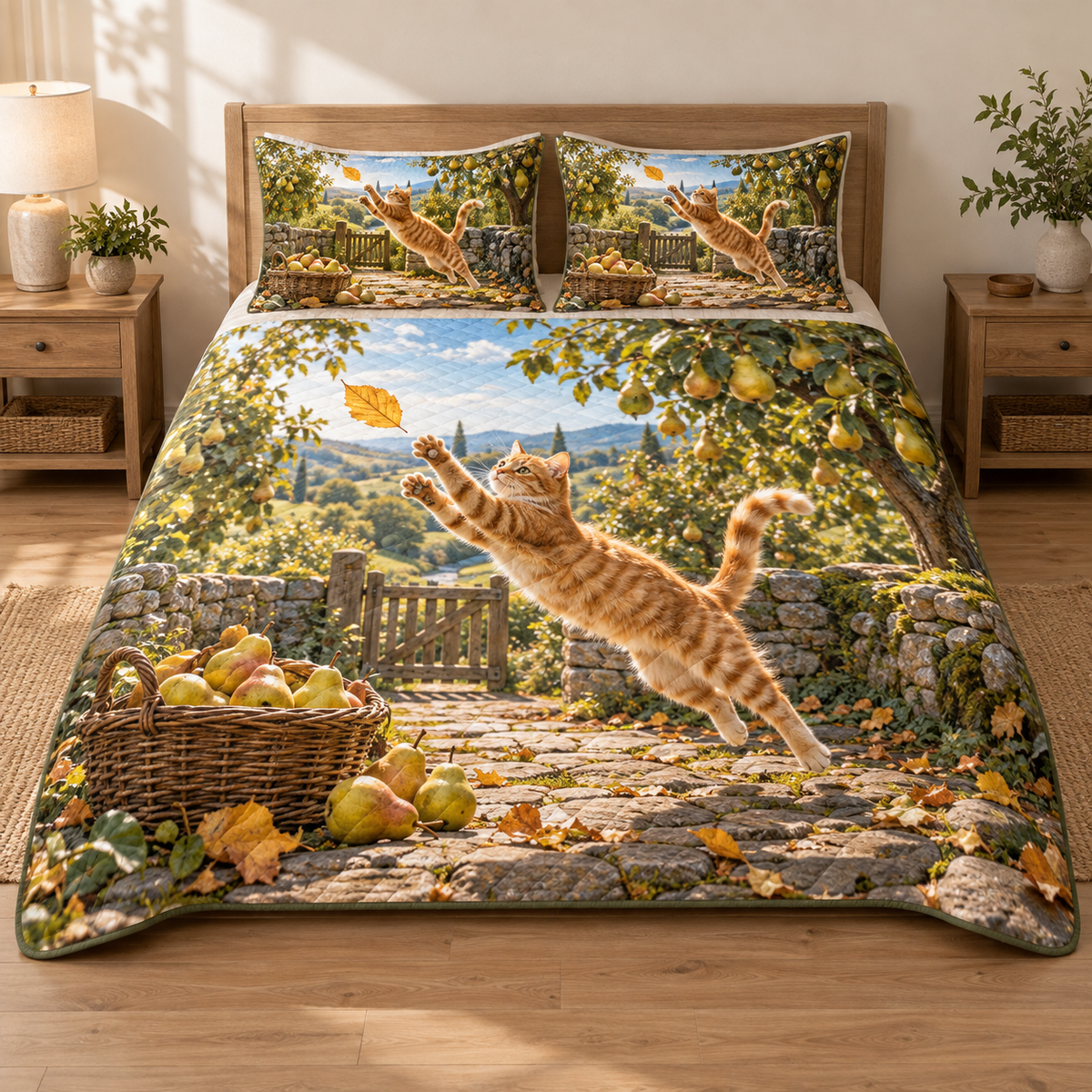 An orange tabby leaps for a golden leaf above a pear basket, with a layered orchard path, wooden gate and distant countryside.