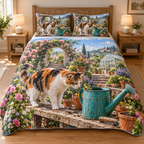 A calico cat meets a tiny frog on a turquoise watering can, with potting bench details, rose-covered garden steps and distant greenhouse.