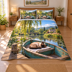 A sleeping seal-point Siamese curls on an ivory cloth in a teal rowboat, with jetty, lotus pond, willow canopy and distant cottage.