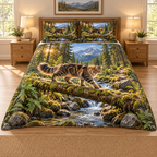 A shaggy Maine Coon walks a mossy log across a forest creek, with ferns, a small cascade, conifers and distant blue mountains.
