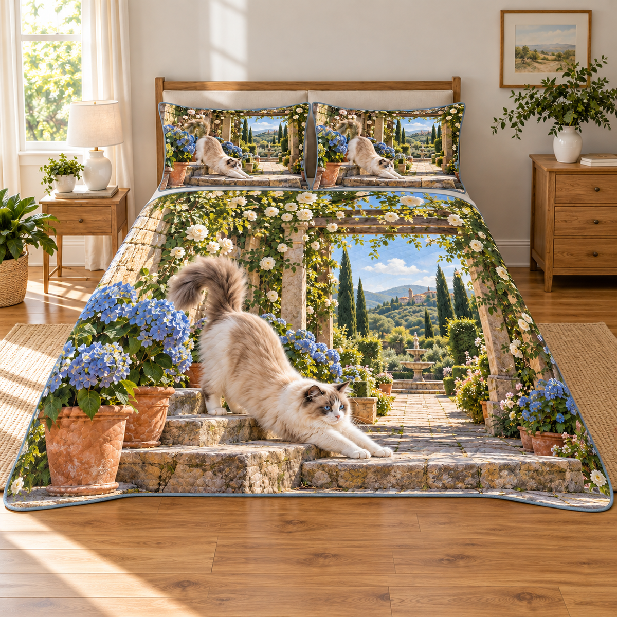 A fluffy Ragdoll stretches forward down sunlit stone steps beside blue hydrangeas, with a receding rose pergola and distant fountain.