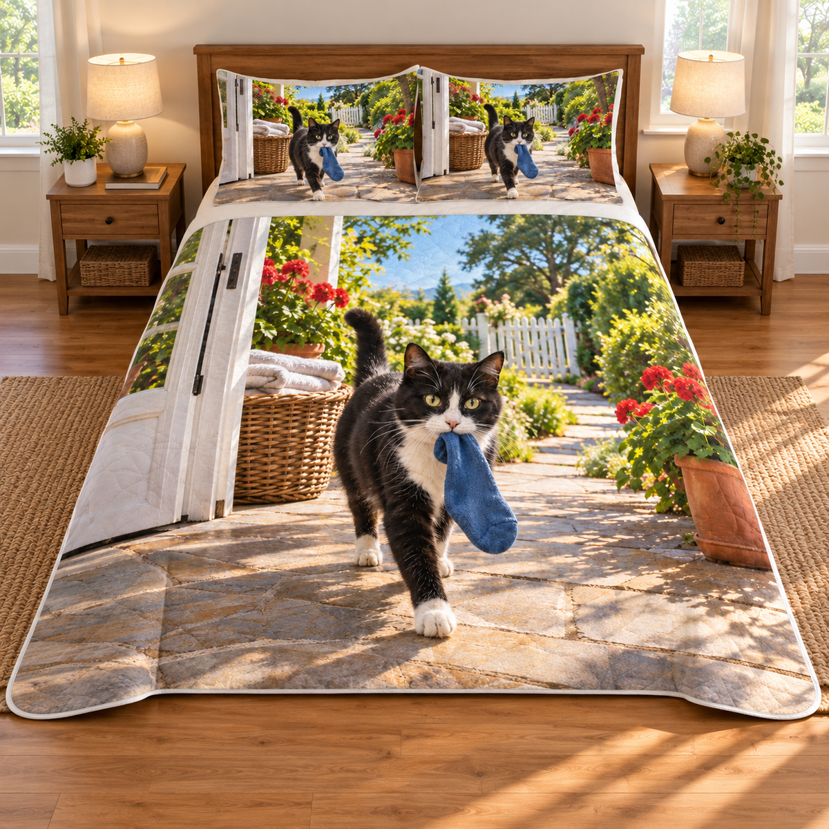 A tuxedo cat carries a plain blue sock across a sunlit tiled porch, with a wicker laundry basket, geraniums and distant garden gate.