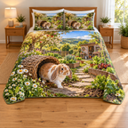 A lop-eared house rabbit hops out of a woven willow tunnel into a sunlit garden, with daisies, vegetable beds and distant potting shed.