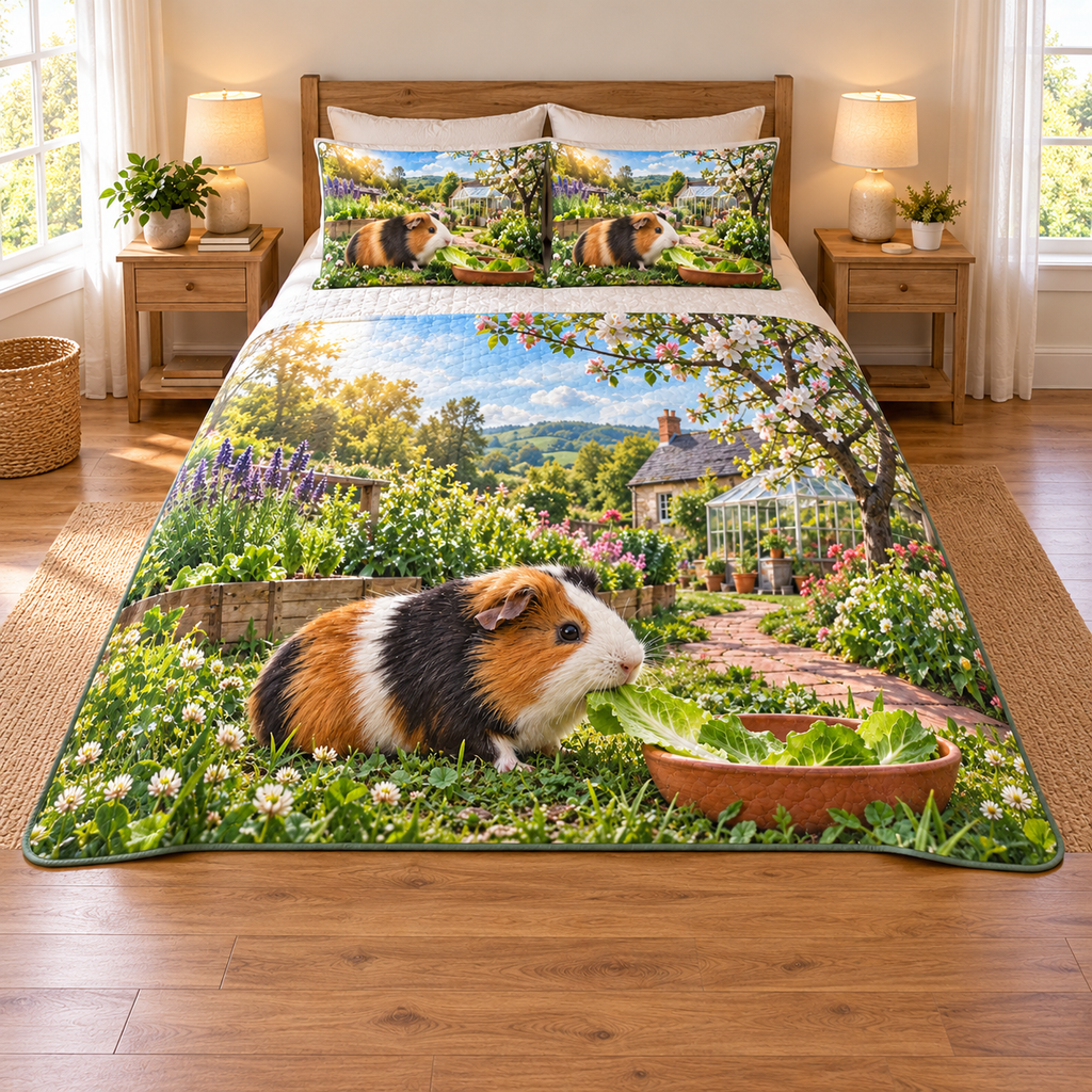 A tricolor guinea pig nibbles a romaine leaf beside a terracotta dish, with clover, herb beds, brick path and distant greenhouse.
