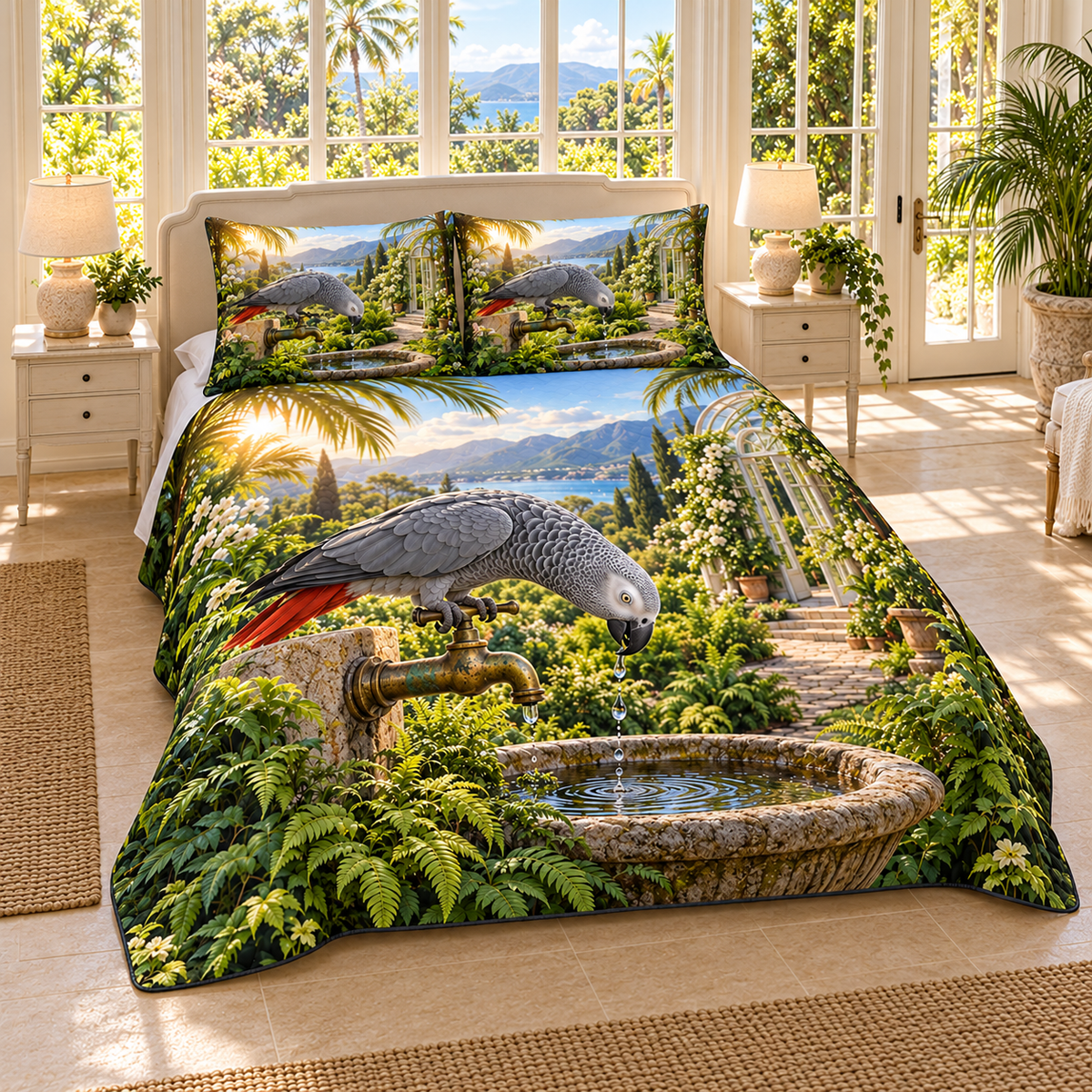 An African grey parrot leans toward water droplets above a stone birdbath, with fern beds, conservatory path and distant sunlit hills.