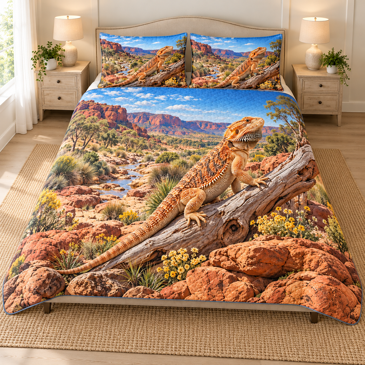 A natural bearded dragon steps along a dry branch above sandstone, with desert flowers, winding creek bed, acacias and distant canyon escarpments.