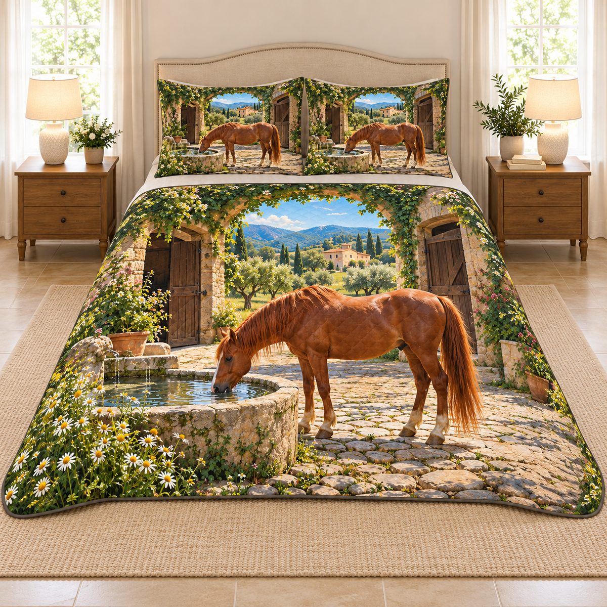 A chestnut horse drinks from a stone trough in a cobbled courtyard, with ivy archway, open stable doors and distant orchard hills.