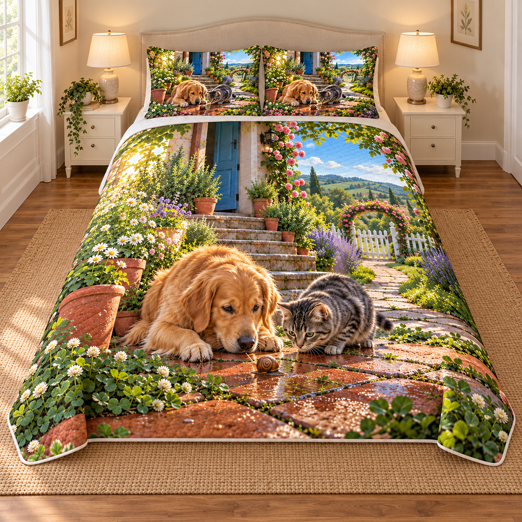 A golden dog and grey tabby cat watch a tiny snail on a terracotta steppingstone, with cottage porch, herb path, rose arch and distant hills.