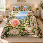 Example June rose and EMMA name plaque with dew, steppingstone path, conservatory doorway and distant garden hills. Choose your name and birth month.