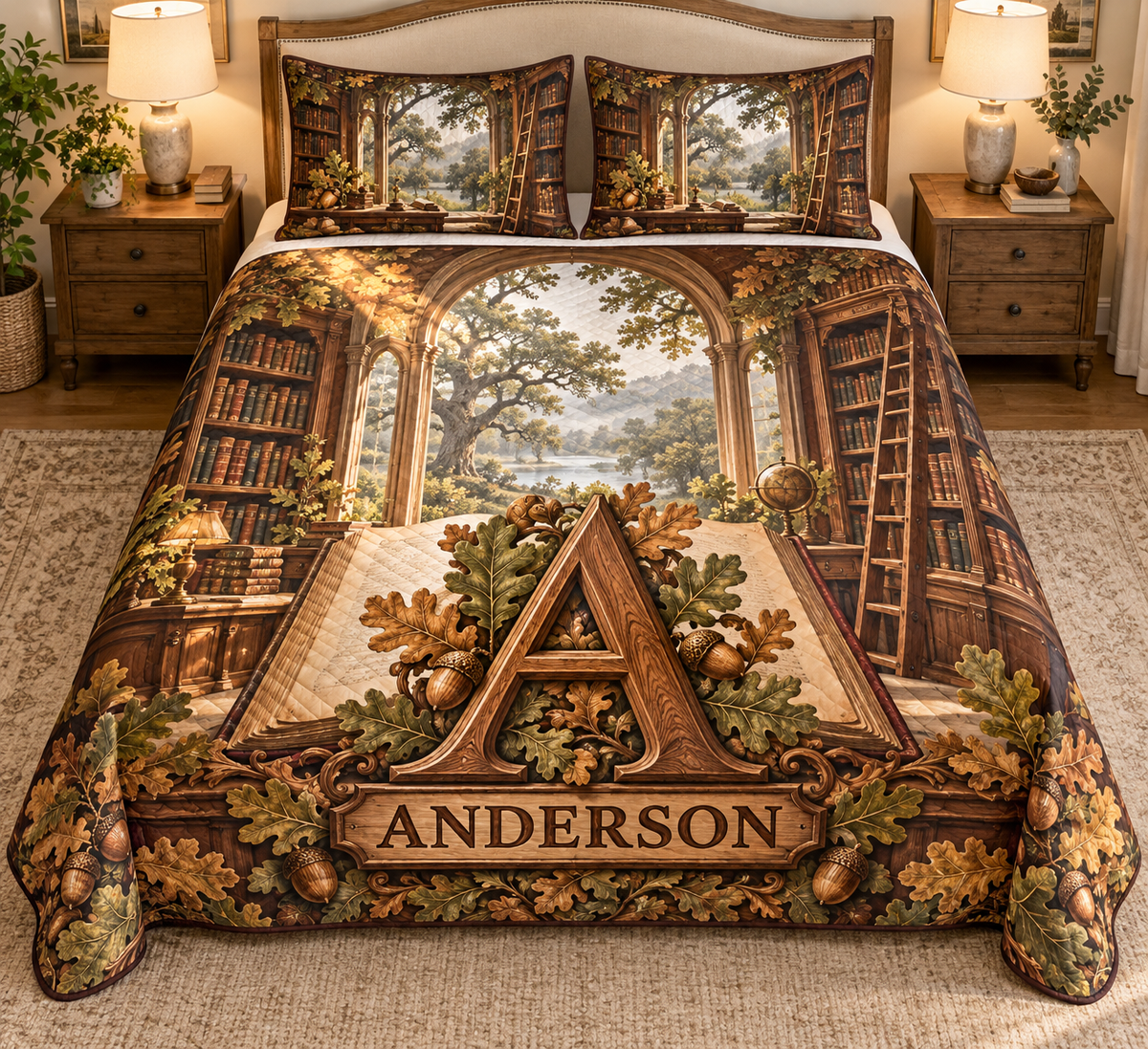 Example A and ANDERSON in a printed walnut-style oak-leaf monogram, with blank open book, arched library shelves, ladder and distant oak woodland.