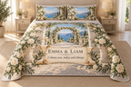 Example EMMA & LIAM and I choose you, today and always. on a printed parchment scroll and marble courtyard, with white roses, courtyard arch and sea hills.