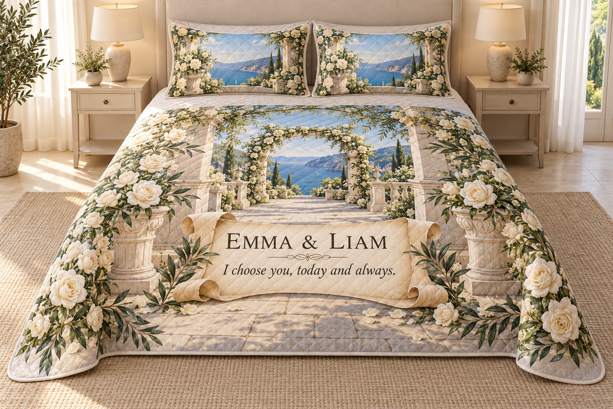 Example EMMA & LIAM and I choose you, today and always. on a printed parchment scroll and marble courtyard, with white roses, courtyard arch and sea hills.