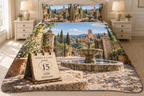 Example EMMA & LIAM day calendar showing JUNE 15 2020 MONDAY, brass-style rings and paper, stone fountain courtyard, open gate, clock tower and cypress hills.
