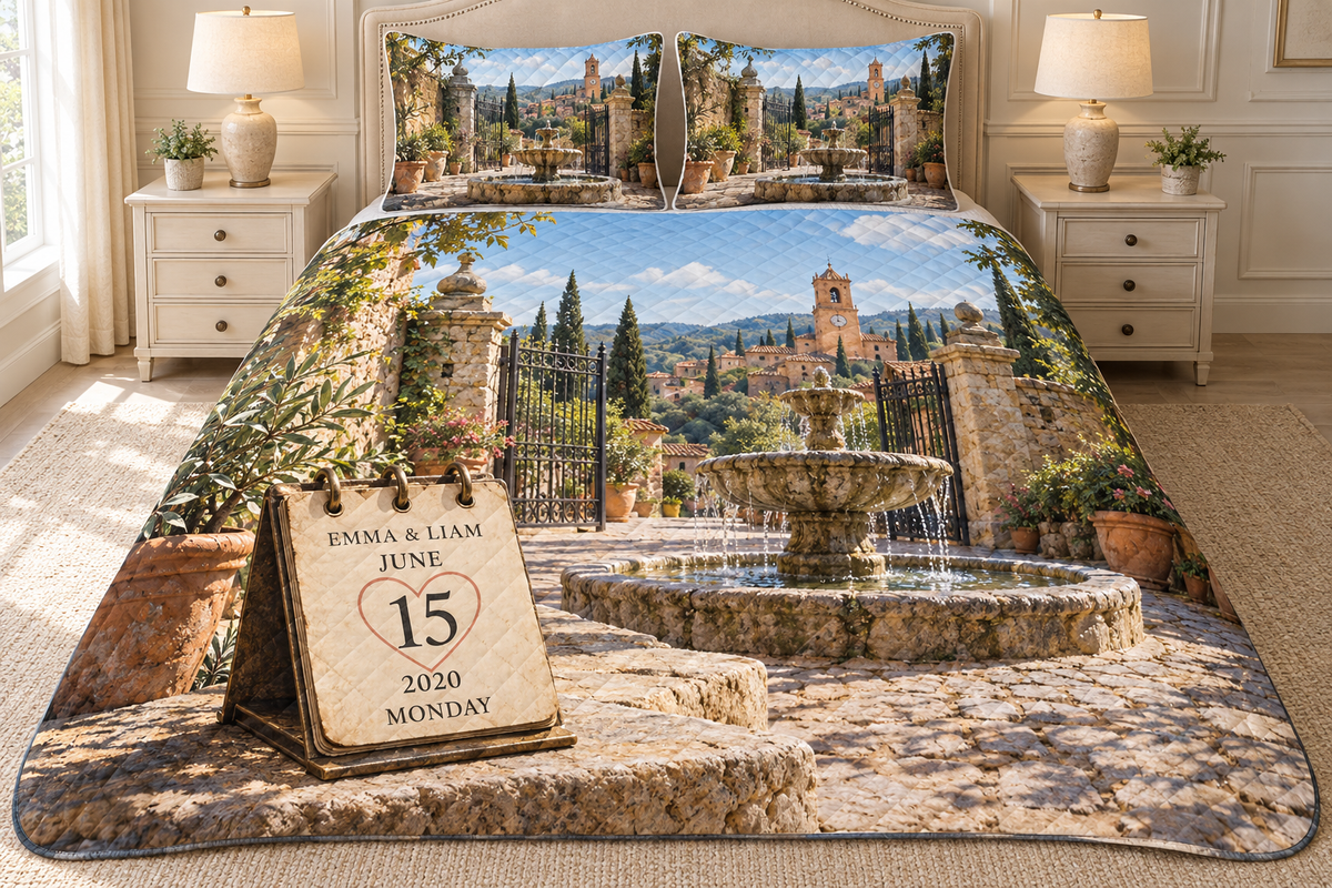 Example EMMA & LIAM day calendar showing JUNE 15 2020 MONDAY, brass-style rings and paper, stone fountain courtyard, open gate, clock tower and cypress hills.