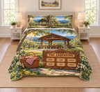 Example THE ANDERSONS with EMMA LIAM OLIVIA above NOAH AVA ETHAN on an oak-style board, woven picnic basket, gingham cloth, pavilion and orchard hills.