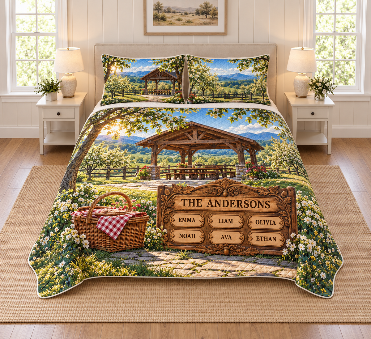 Example THE ANDERSONS with EMMA LIAM OLIVIA above NOAH AVA ETHAN on an oak-style board, woven picnic basket, gingham cloth, pavilion and orchard hills.