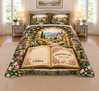 Example EMMA and ADOPTION DAY / JUNE 15, 2020 in an open storybook, mossy limestone steps, leafy flower arch, garden cottage and distant hills.