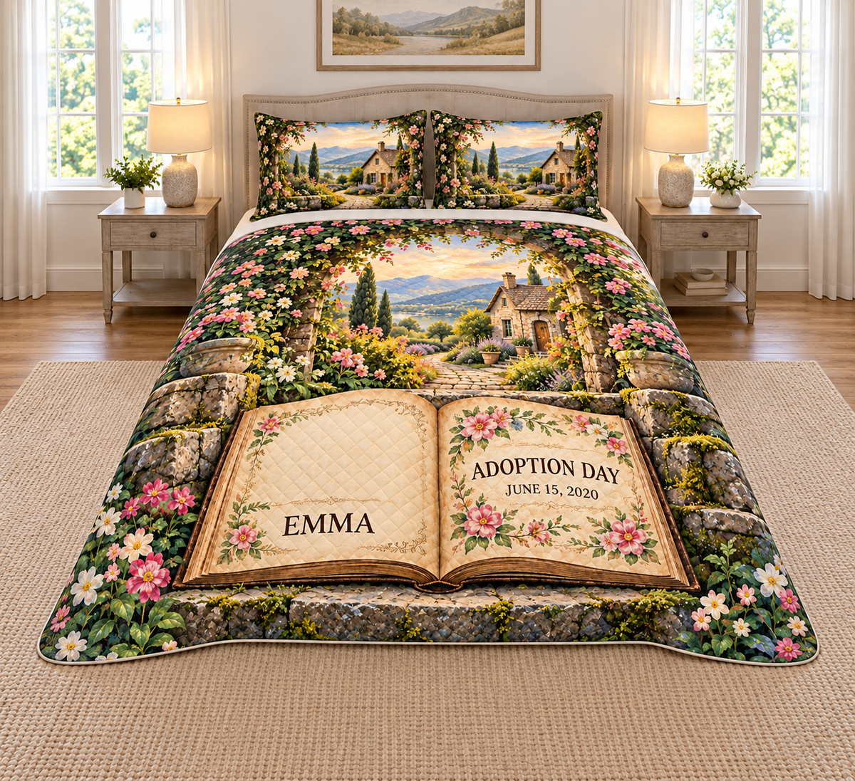 Example EMMA and ADOPTION DAY / JUNE 15, 2020 in an open storybook, mossy limestone steps, leafy flower arch, garden cottage and distant hills.