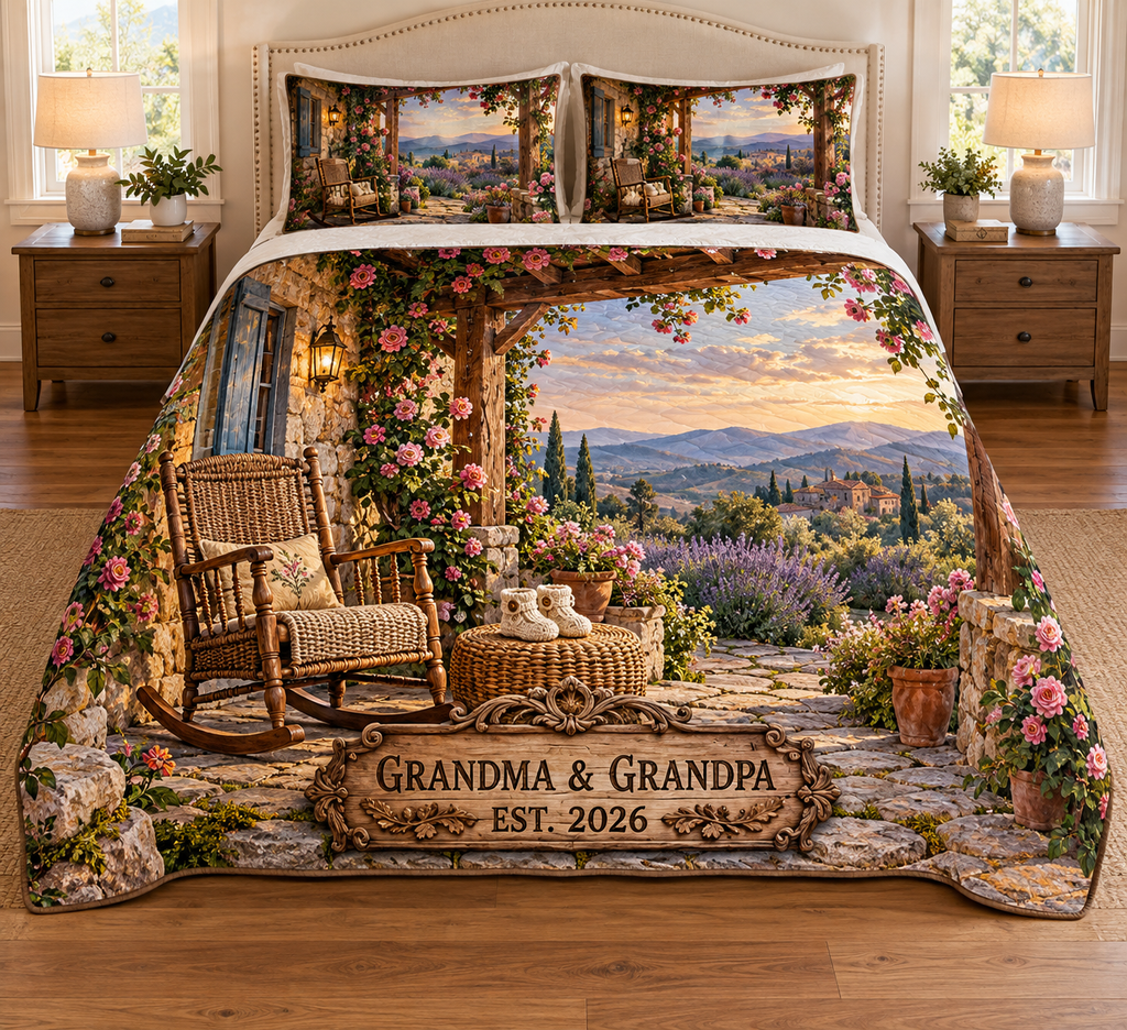 Example GRANDMA & GRANDPA / EST. 2026 oak-style plaque, wicker rocking chair and knitted baby booties on a woven footstool, rose veranda and lavender hills.
