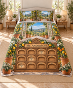 Example THE ANDERSONS perpetual twelve-month oak-style birthday panel, LIAM08 in MAR EMMA15 in JUN OLIVIA22 in SEP, glass citrus conservatory garden hills.
