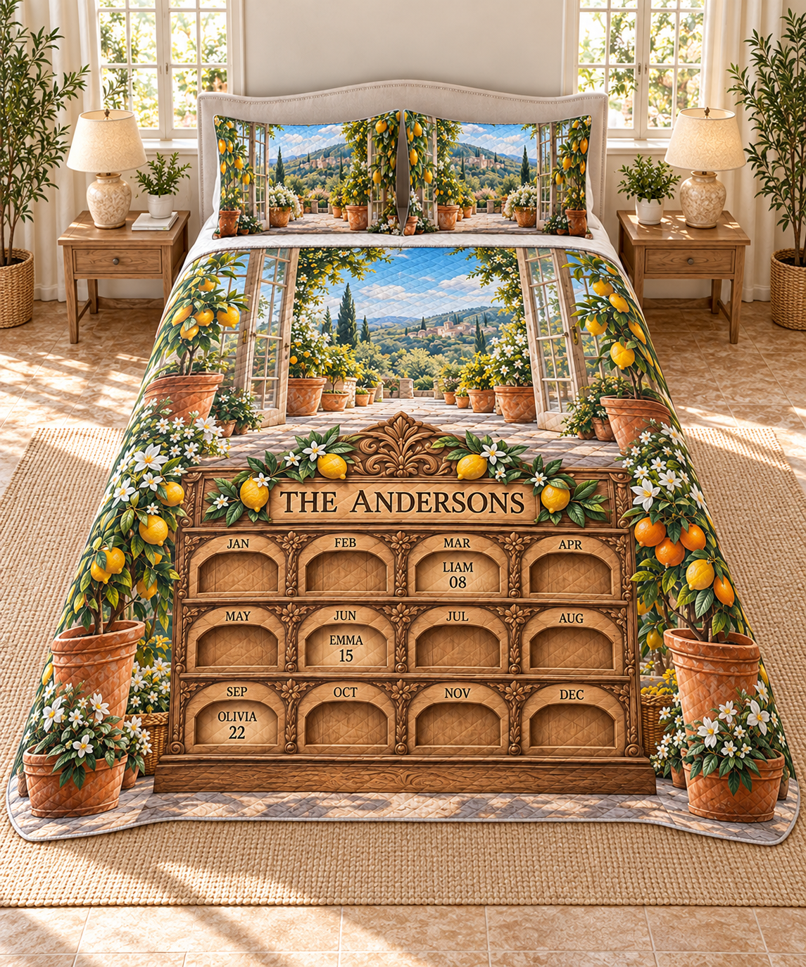 Example THE ANDERSONS perpetual twelve-month oak-style birthday panel, LIAM08 in MAR EMMA15 in JUN OLIVIA22 in SEP, glass citrus conservatory garden hills.