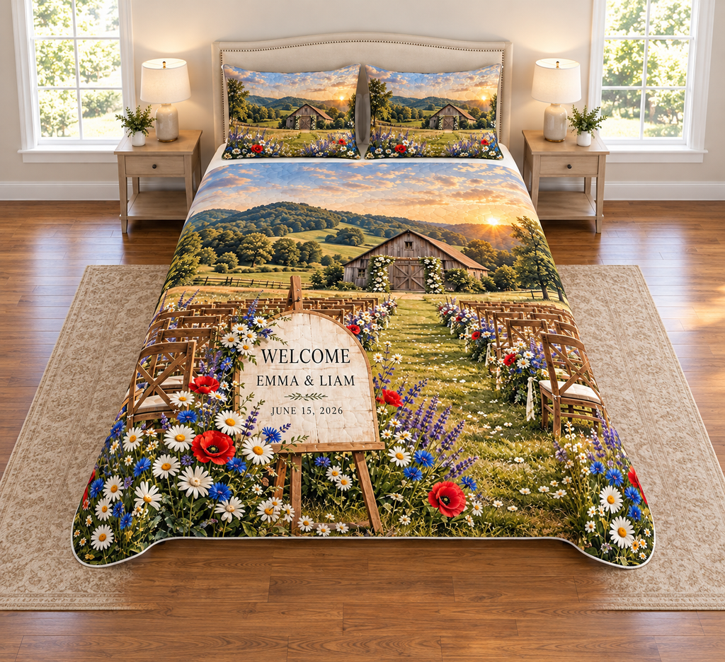 Example WELCOME / EMMA & LIAM / JUNE 15, 2026 ivory plaque on oak-style easel, daisies cornflowers poppies, empty ceremony chairs and distant barn hills.