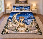 Example WELCOME / EMMA & LIAM / JUNE 15, 2026 ivory plaque, brass-style hourglass with star-sand, jasmine crescent forms, marble terrace cloud valleys and starry hills.