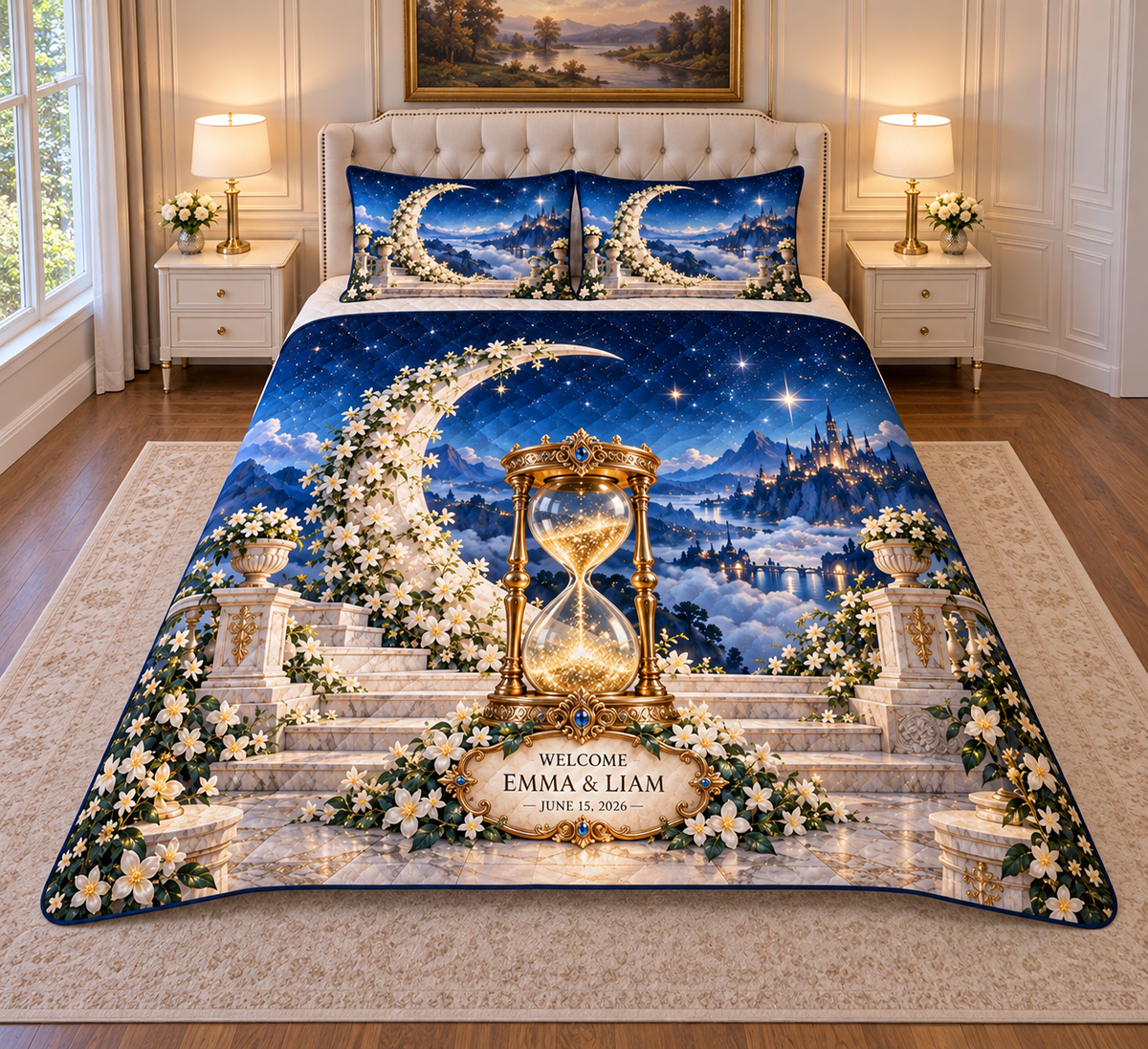 Example WELCOME / EMMA & LIAM / JUNE 15, 2026 ivory plaque, brass-style hourglass with star-sand, jasmine crescent forms, marble terrace cloud valleys and starry hills.