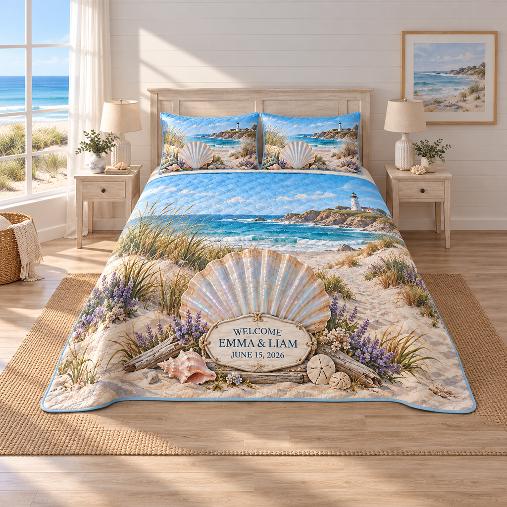 Example WELCOME / EMMA & LIAM / JUNE 15, 2026 ivory plaque before a pearlescent scallop fan on driftwood, sea lavender, dune grasses, turquoise cove and lighthouse headland.