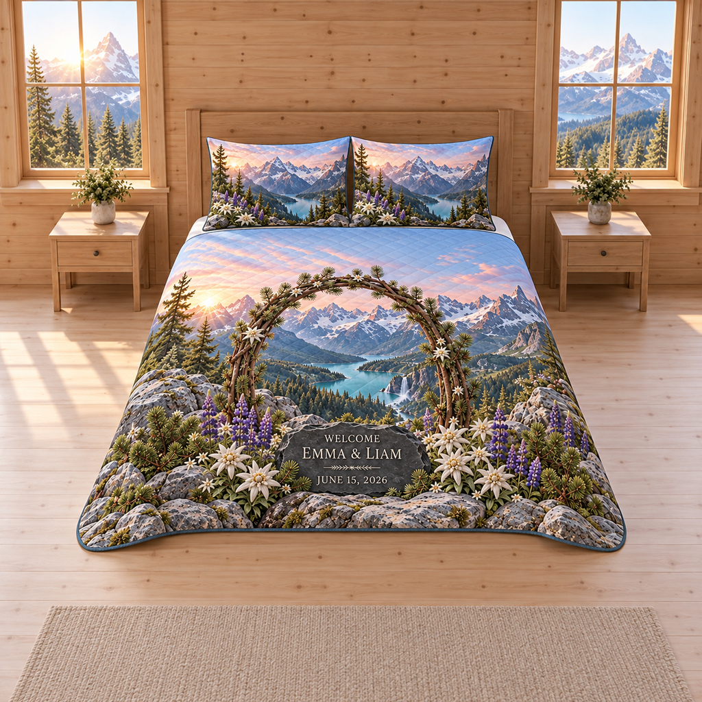 Example WELCOME / EMMA & LIAM / JUNE 15, 2026 on jagged dark slate tablet, granite ledge, alpine flowers, pine-branch arch, glacial lake waterfall and snowy peaks.