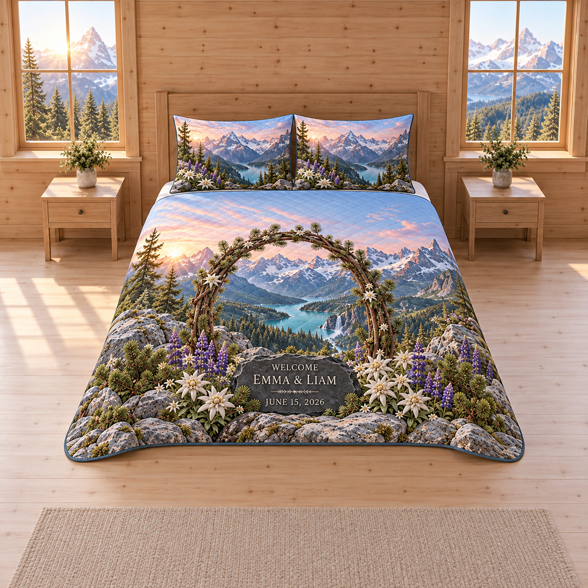 Example WELCOME / EMMA & LIAM / JUNE 15, 2026 on jagged dark slate tablet, granite ledge, alpine flowers, pine-branch arch, glacial lake waterfall and snowy peaks.