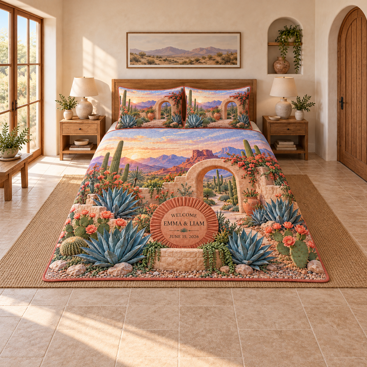 Example WELCOME / EMMA & LIAM / JUNE 15, 2026 terracotta sunburst plaque on travertine, agave prickly pear flowers adobe portal desert path and red buttes.