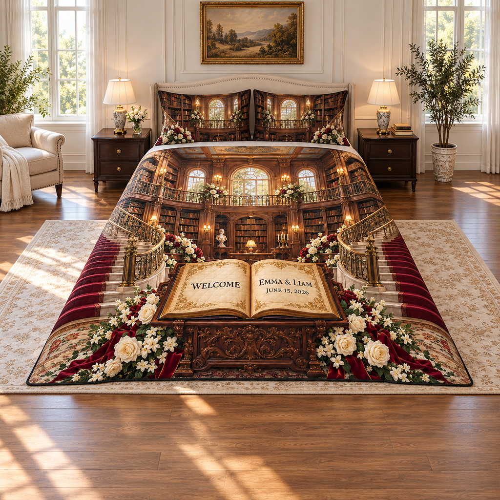 Example WELCOME / EMMA & LIAM / JUNE 15, 2026 open parchment book on mahogany lectern, roses jasmine burgundy ribbon, double staircase library gallery sunlit arched windows.