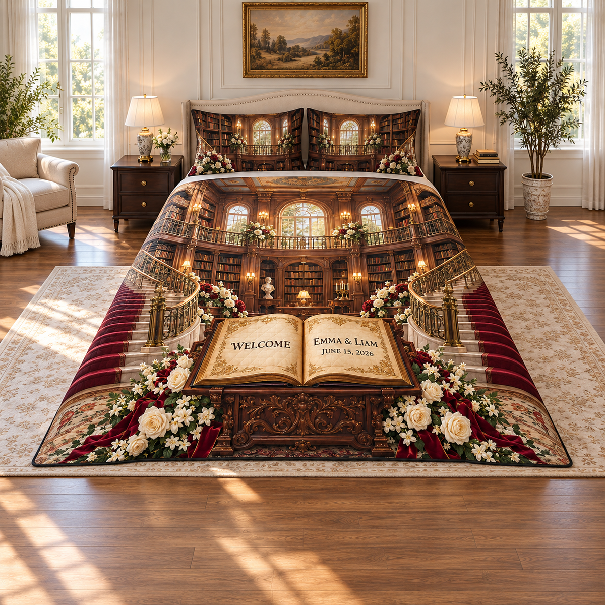 Example WELCOME / EMMA & LIAM / JUNE 15, 2026 open parchment book on mahogany lectern, roses jasmine burgundy ribbon, double staircase library gallery sunlit arched windows.