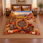 Example WELCOME / EMMA & LIAM / JUNE 15, 2026 walnut medallion wheat wreath on wooden harvest cart, pumpkins dahlias maple leaves orchard lane red barn vineyard hills.