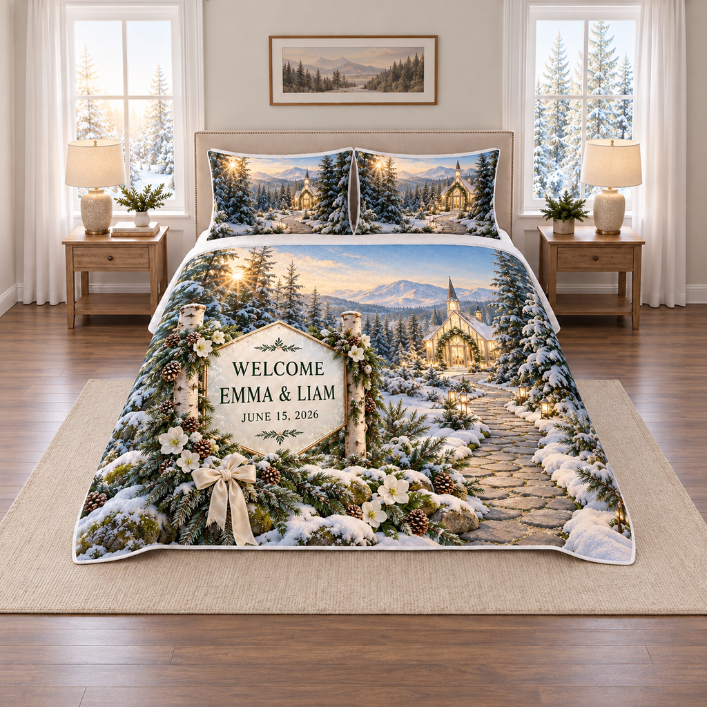 Example WELCOME / EMMA & LIAM / JUNE 15, 2026 frosted hexagonal panel brass edging birch pillars cedar fir garland hellebore pinecones snowy forest path distant glass chapel.