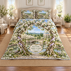 Example WELCOME / EMMA & LIAM / JUNE 15, 2026 porcelain-style oval plaque between intertwined pear blossom trunks, lilac ribbon, stone footbridge reflecting pond blossom orchard orangery hills sky.
