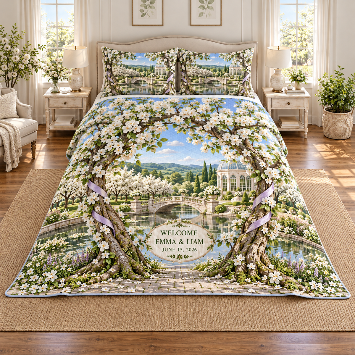Example WELCOME / EMMA & LIAM / JUNE 15, 2026 porcelain-style oval plaque between intertwined pear blossom trunks, lilac ribbon, stone footbridge reflecting pond blossom orchard orangery hills sky.