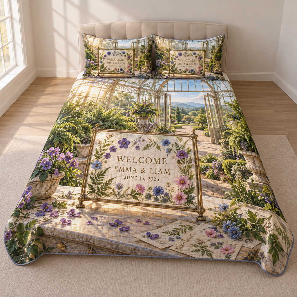 Example WELCOME / EMMA & LIAM / JUNE 15, 2026 transparent brass-style framed pressed-flower welcome panel with violets cornflowers cosmos ferns on a limestone botanical bench inside a glasshouse overlooking garden paths hills and dawn sky.