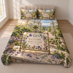 Example WELCOME / EMMA & LIAM / JUNE 15, 2026 transparent brass-style framed pressed-flower welcome panel with violets cornflowers cosmos ferns on a limestone botanical bench inside a glasshouse overlooking garden paths hills and dawn sky.