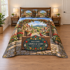Example WELCOME / EMMA & LIAM / JUNE 15, 2026 scalloped teal welcome shield with folk tulips daisies rosettes and two red songbirds on an oak-style chest before a timber village gate cottages meadow lane hills sky.