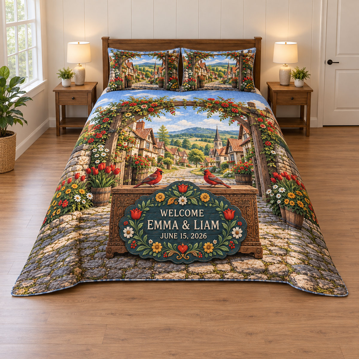 Example WELCOME / EMMA & LIAM / JUNE 15, 2026 scalloped teal welcome shield with folk tulips daisies rosettes and two red songbirds on an oak-style chest before a timber village gate cottages meadow lane hills sky.
