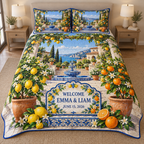 Example WELCOME / EMMA & LIAM / JUNE 15, 2026 white majolica-style welcome tablet cobalt citrus border tiled plinth lemon and orange trees terracotta pots pergola fountain Mediterranean garden villa coastal hills sky.