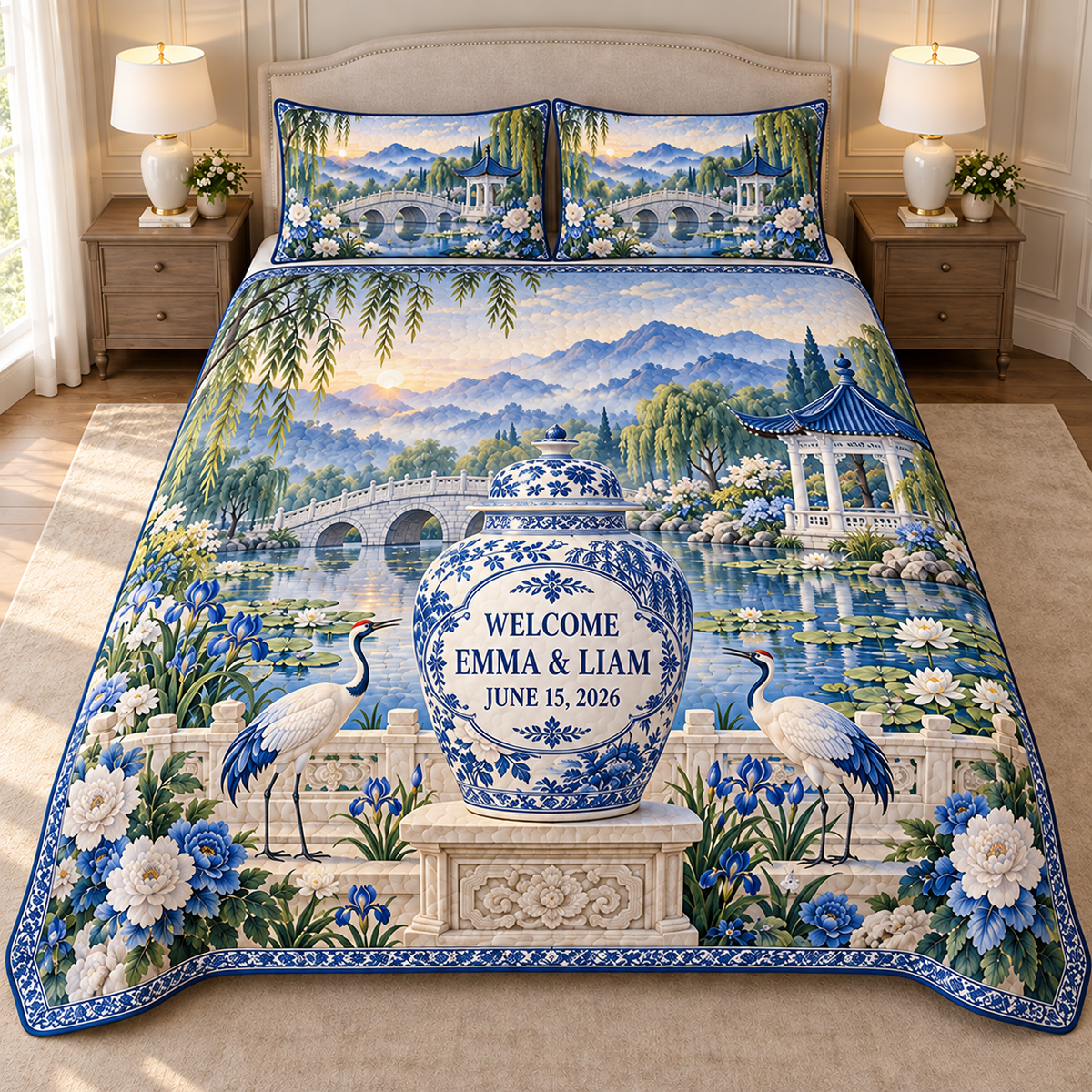 Example WELCOME / EMMA & LIAM / JUNE 15, 2026 blue-white ginger jar with welcome cartouche on stone pedestal two white cranes irises willow garden footbridge lily pond pavilion misty hills dawn sky.