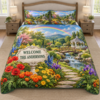Example WELCOME / THE ANDERSONS scalloped plaque beneath a rainbow arch, colorful flowers butterflies stepping stones stream wooden bridge gazebo green hills and blue sky.