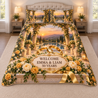 Example WELCOME / EMMA & LIAM / 50 YEARS ivory oval plaque before two intertwined golden rings, roses peonies olive ribbon marble plinth stone loggia reflecting pool terrace hills evening sky.