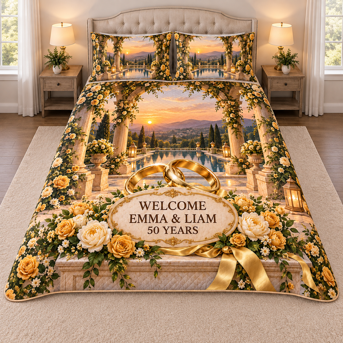 Example WELCOME / EMMA & LIAM / 50 YEARS ivory oval plaque before two intertwined golden rings, roses peonies olive ribbon marble plinth stone loggia reflecting pool terrace hills evening sky.
