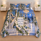 Example WELCOME / EMMA & LIAM / 25 YEARS frosted glass-style silver-bordered panel beside silver harp white orchids blue hydrangeas ivy pearl ribbon marble concert dais conservatory chandelier white piano moonlit canal hills sky.